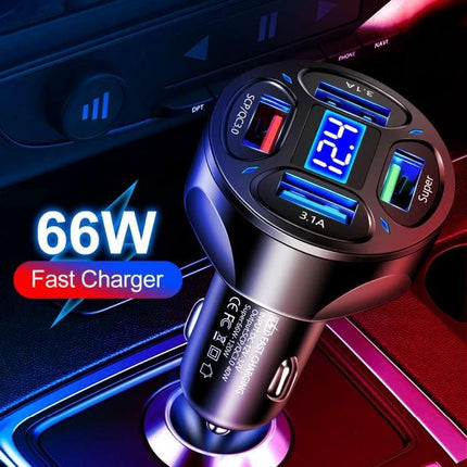 Car Charger With Digital Display And Voltmeter 4 In 1 compact 66W fast car charger with digital voltmeter and dual USB fast‑charge ports