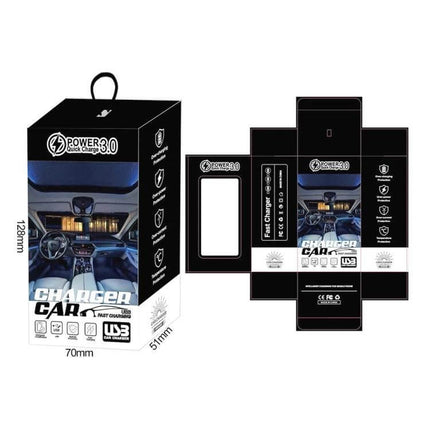 Car Charger With Digital Display And Voltmeter 4 In 1 packaging box showing product layout, Power 3.0 branding, dimensions and fast‑charge icons