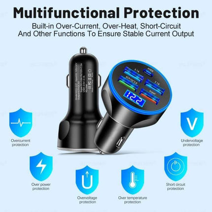 Car Charger With Digital Display Voltmeter For On The Go Use showing triple USB ports, blue LED voltage readout and multifunction protection icons
