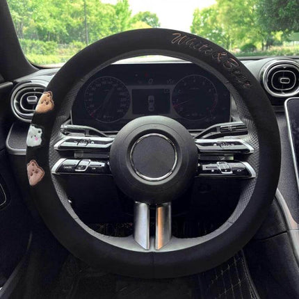 Round Style Plush Steering Wheel Cover 38cm For Everyday Driving soft black plush cover with anti-slip ring and animal patches fitted on car steering wheel