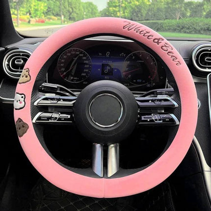 Round Style Plush Steering Wheel Cover 38cm For Everyday Driving - pink short plush, anti-slip inner ring, cushioned comfort for long trips