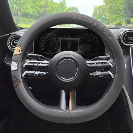 Round Style Plush Steering Wheel Cover 38cm For Everyday Driving gray short-plush cover with anti-slip inner ring and cushioned grip