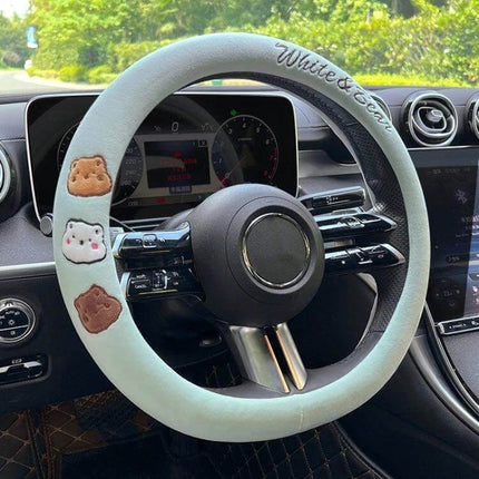 Round Style Plush Steering Wheel Cover 38cm For Everyday Driving soft mint plush cover with animal patches, anti-slip rubber inner ring, cushioned grip