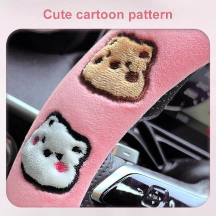 Round Style Plush Steering Wheel Cover 38cm For Everyday Driving pink short plush with cute cartoon bear and cat pattern, anti-slip inner ring, cushioned grip
