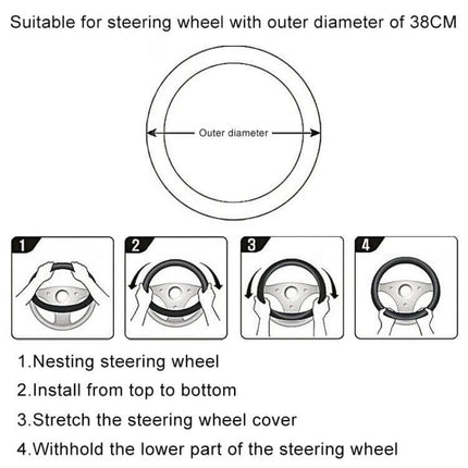 Round Style Plush Steering Wheel Cover 38cm For Everyday Driving - installation diagram showing fit on 38cm wheel and 4-step stretch-on instructions