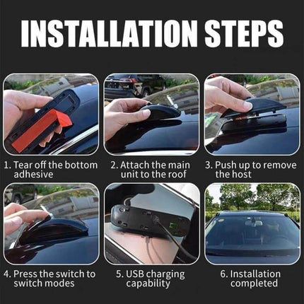 Car Warning Light Dual Flash For Rain And Fog Driving installed on car roof with step-by-step adhesive, USB charging, mode switch, and completed installation