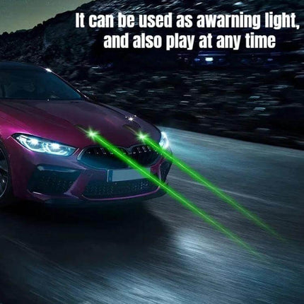 Car Warning Light Dual Flash For Rain And Fog Driving — ABS dual-flash beacon mounted on a car projecting green warning beams in low-visibility conditions