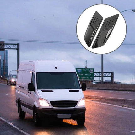 Carbon Fiber Decorative Stickers for Car Hood and Fenders shown on a white van hood and fenders, glossy black carbon fiber finish