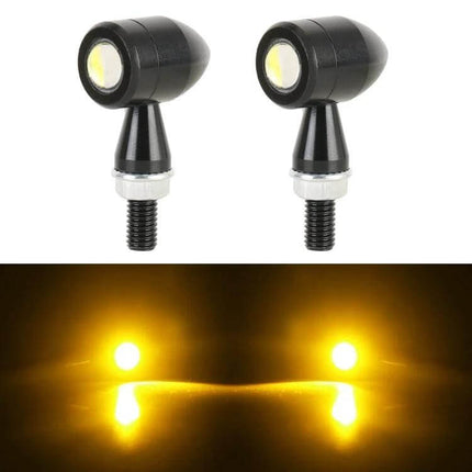 Pair of Mini Motorcycle Turn Signals for Easy Replacement - compact 12V LED front/rear indicators, black low-profile bolt-mount pair