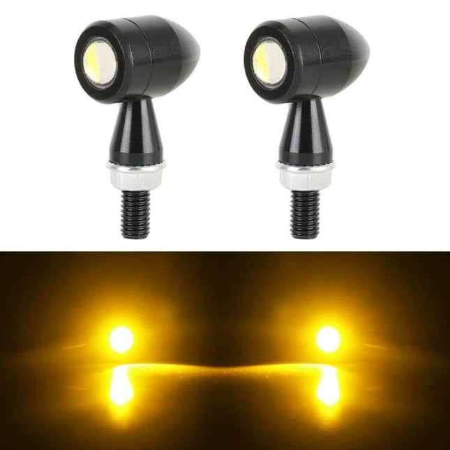 Pair of Mini Motorcycle Turn Signals for Easy Replacement - compact 12V LED front/rear indicators, black low-profile bolt-mount pair
