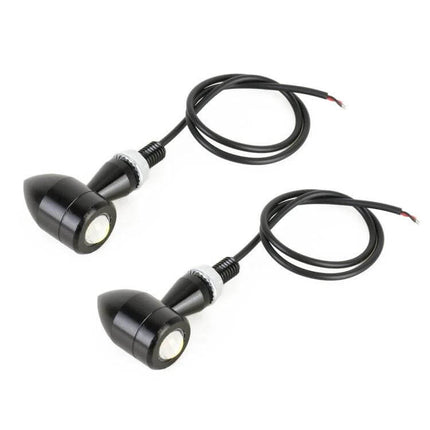 Pair of Mini Motorcycle Turn Signals for Easy Replacement compact black LED turn signal set with wiring for front or rear 12V installation