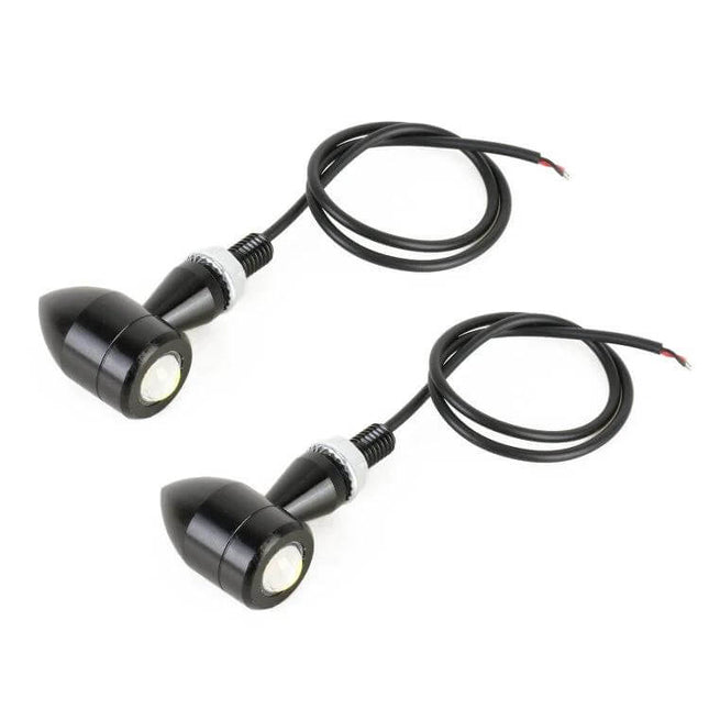 Pair of Mini Motorcycle Turn Signals for Easy Replacement compact black LED turn signal set with wiring for front or rear 12V installation