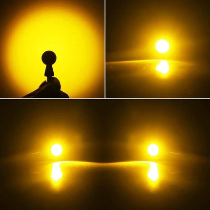 Pair of Mini Motorcycle Turn Signals for Easy Replacement — compact amber 12V LED indicators shown illuminated front and rear