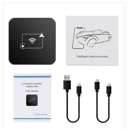 Car Intelligent AI Box Wireless Android Auto Adapter compact plug-and-play unit with USB cables and user manual for wireless Android Auto