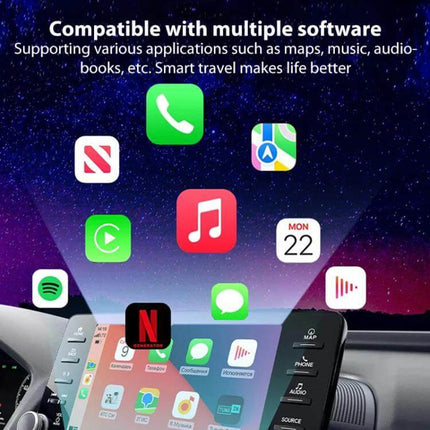 Car Intelligent AI Box Wireless Android Auto Adapter showing compatible apps on car display with maps music and messaging support