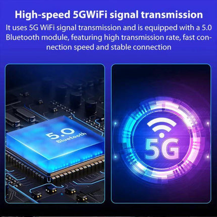 Car Intelligent AI Box Wireless Android Auto Adapter showing 5G WiFi and Bluetooth 5.0 high-speed signal transmission graphics