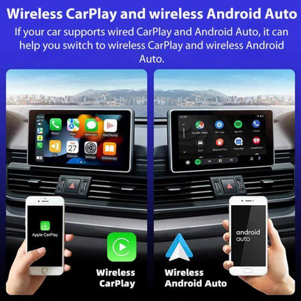 Car Intelligent AI Box Wireless Android Auto Adapter showing wireless CarPlay and Android Auto on car display with smartphones and 5G WiFi