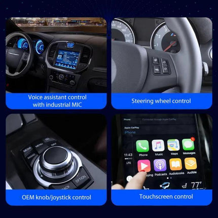 Car Intelligent AI Box Wireless Android Auto Adapter showing dashboard modes: voice, steering wheel, OEM knob and touchscreen control