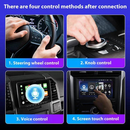 Car Intelligent AI Box Wireless Android Auto Adapter demonstrating steering wheel, knob, voice and touchscreen control options