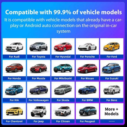 Car Intelligent AI Box Wireless Android Auto Adapter showing compatibility with 99.9% of vehicle models including Audi Toyota Ford BMW Honda and more