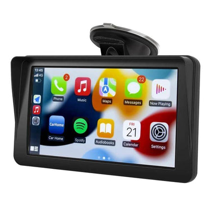 7-Inch Portable Touch Screen Car Navigator with CarPlay Support mounted in car showing CarPlay apps on display