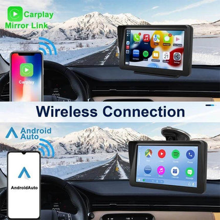 7-Inch Portable Touch Screen Car Navigator with CarPlay Support mounted on dashboard showing CarPlay and Android Auto wireless connection
