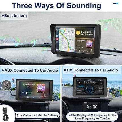 7-Inch Portable Touch Screen Car Navigator with CarPlay Support showing map, music, AUX and FM audio options