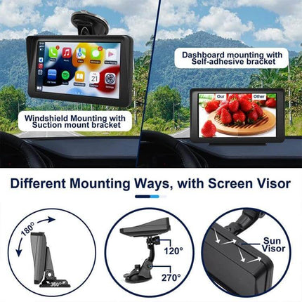 7-Inch Portable Touch Screen Car Navigator with CarPlay Support shown mounted on windshield and dashboard with suction and adhesive brackets