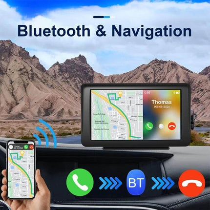 7-Inch Portable Touch Screen Car Navigator with CarPlay Support showing map navigation, Bluetooth calling and phone integration on dashboard