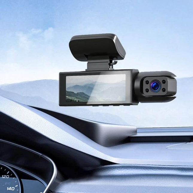 Dual Lens Dash Cam for Front and Interior with Night Vision mounted on windshield showing front and interior recording with night vision capabilities
