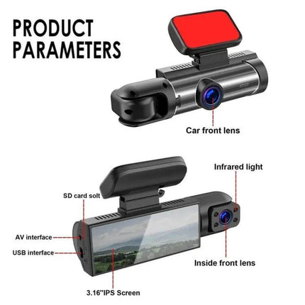 Dual Lens Dash Cam for Front and Interior with Night Vision showing car front lens, inside front lens, 3.16" IPS screen and ports