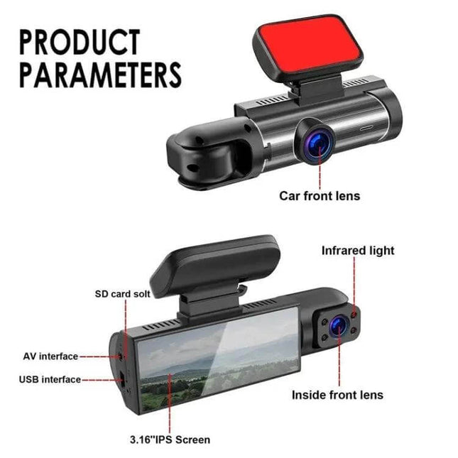 Dual Lens Dash Cam for Front and Interior with Night Vision showing car front lens, inside front lens, 3.16" IPS screen and ports