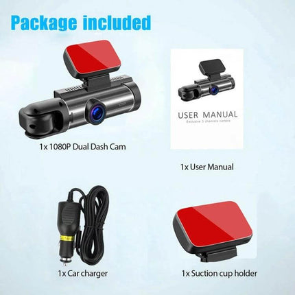 Dual Lens Dash Cam for Front and Interior with Night Vision showing package contents: dash cam, user manual, car charger, suction cup holder
