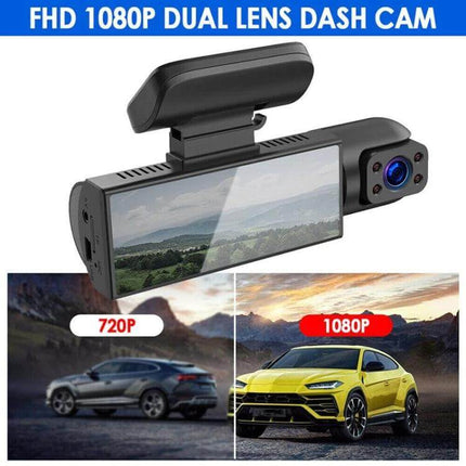 Dual Lens Dash Cam for Front and Interior with Night Vision mounted on windshield showing front road 1080P and interior recording features