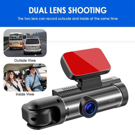 Dual Lens Dash Cam for Front and Interior with Night Vision mounted on windshield showing front road and in-cabin views, parking monitoring feature