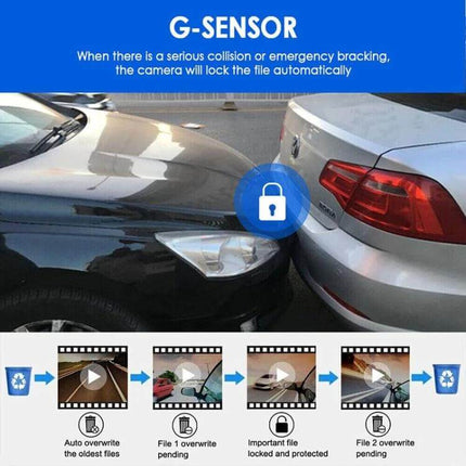 Dual Lens Dash Cam for Front and Interior with Night Vision showing G-sensor collision lock and parking monitoring features