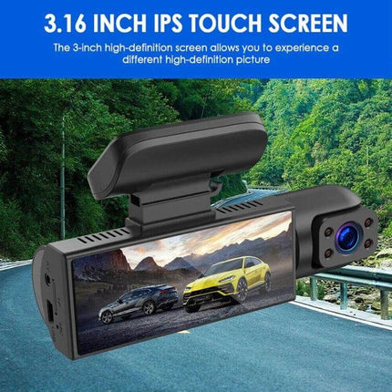 Dual Lens Dash Cam for Front and Interior with Night Vision mounted on windshield showing 3.16-inch IPS touch screen and front camera