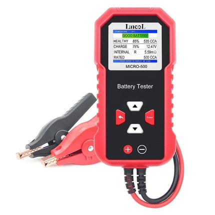 Reliable Tool for Everyday Vehicle Battery Checks - red handheld 12V battery tester with LCD and clamps