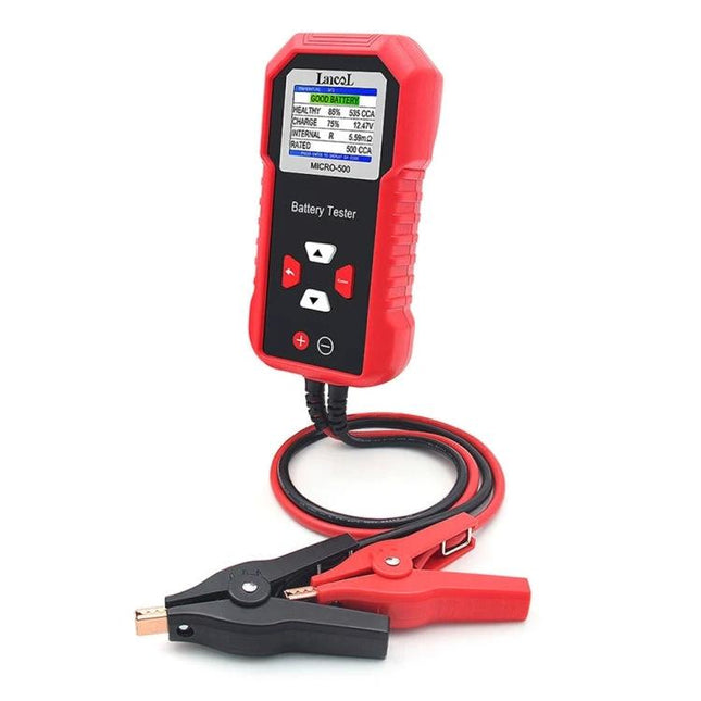 Reliable Tool for Everyday Vehicle Battery Checks - red handheld 12V battery tester with clamps and LCD display