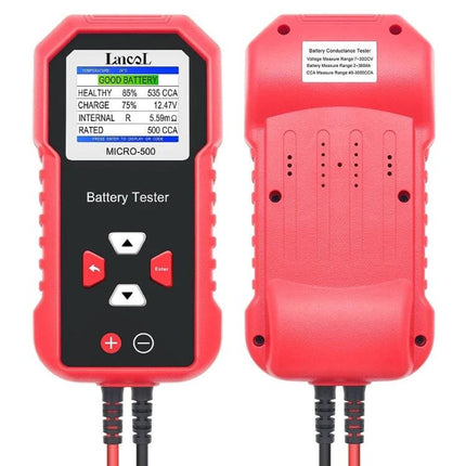 Reliable Tool for Everyday Vehicle Battery Checks - red handheld 12V micro-500 battery tester with digital display and clamps
