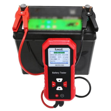 Reliable Tool for Everyday Vehicle Battery Checks — handheld 12V battery tester connected to car battery with clamp leads