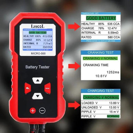 Reliable Tool for Everyday Vehicle Battery Checks - handheld 12V battery tester showing good battery, cranking test and charging test readings