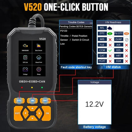 Essential Gadget for Monitoring Your Car's Health on the Go - handheld OBDII diagnostic scanner showing trouble codes and 12.2V battery voltage