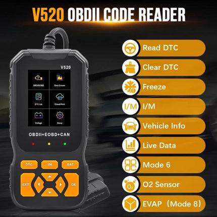Essential Gadget for Monitoring Your Car's Health on the Go - V520 OBDII code reader plugged into OBD port showing live data and DTC functions