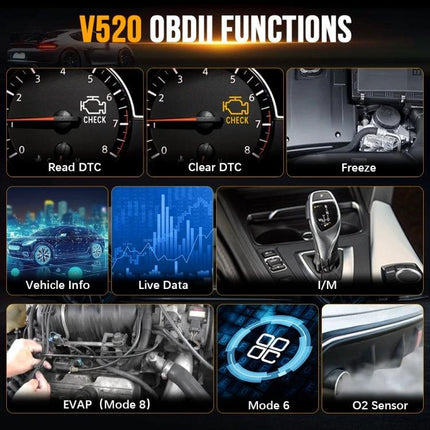 Essential Gadget for Monitoring Your Car's Health on the Go - OBDII V520 diagnostic tool showing Read DTC, Clear DTC, Live Data, Vehicle Info, EVAP, O2 Sensor