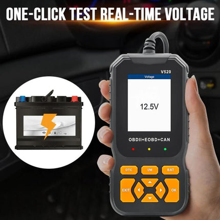 Essential Gadget for Monitoring Your Car's Health on the Go - handheld OBDII reader showing 12.5V real-time voltage and battery icon for on-the-go diagnostics