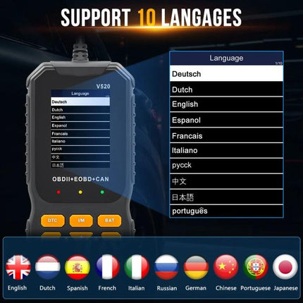 Essential Gadget for Monitoring Your Car's Health on the Go - handheld OBDII scanner showing 10 language options on screen and language flags