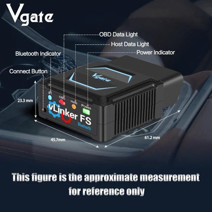 Handy Device for Routine Car Checks During Daily Commutes Bluetooth OBD adapter shown with indicators and dimensions