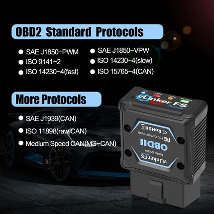 Handy Device for Routine Car Checks During Daily Commutes Bluetooth OBD2 adapter showing supported protocols and compact design