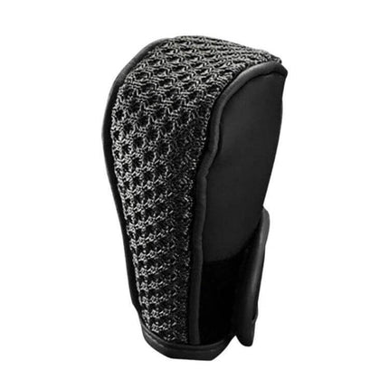 Alt Tag: Universal Gear Shift Knob Cover Ice Silk For Cars Everyday Use - black PU outer shell with textured ice silk lining, fits most standard knobs (12x7cm)